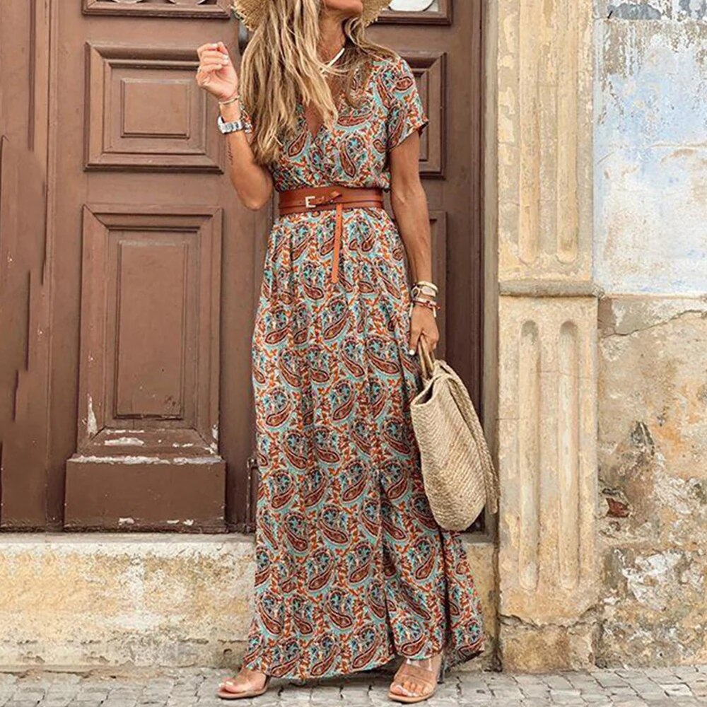 Robe longue fleurie décontractée pour femme avec ceinture - LuxeStyle