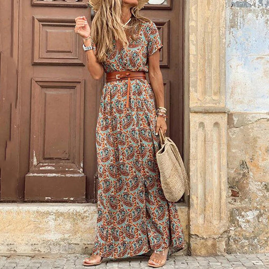 Robe longue fleurie décontractée pour femme avec ceinture - LuxeStyle