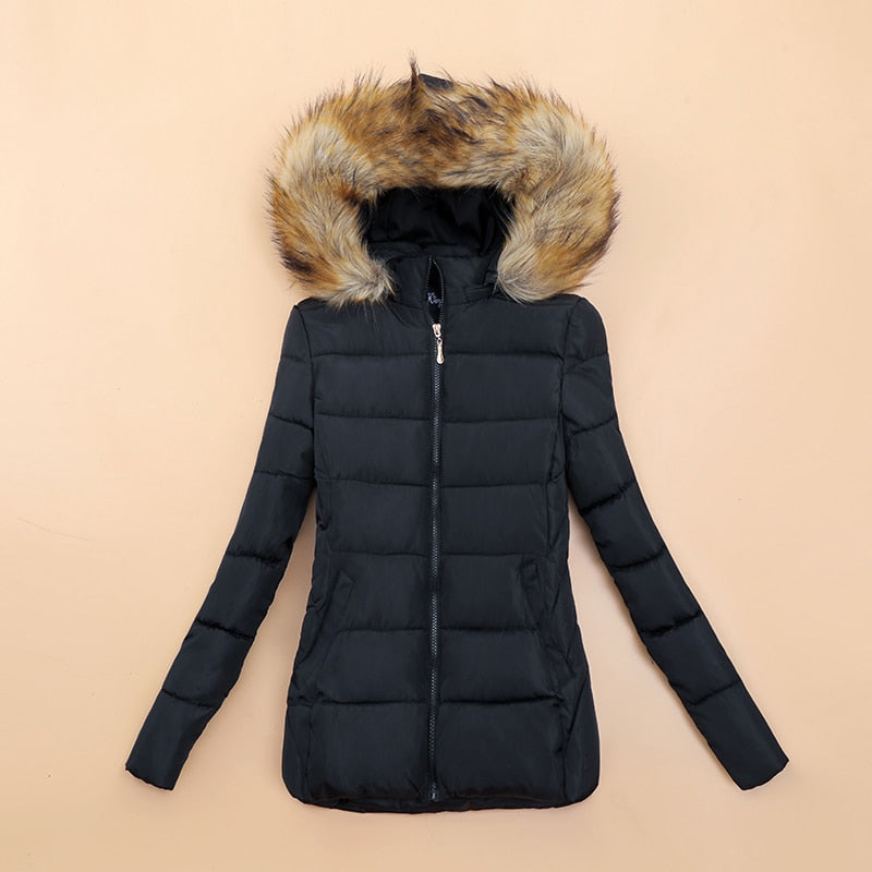 Veste Hivernale Douillette à Capuche pour Femme avec Col en Fausse Fourrure