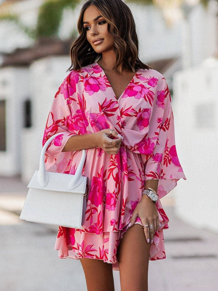 Robe Été Florale Courte Manche pour Femme