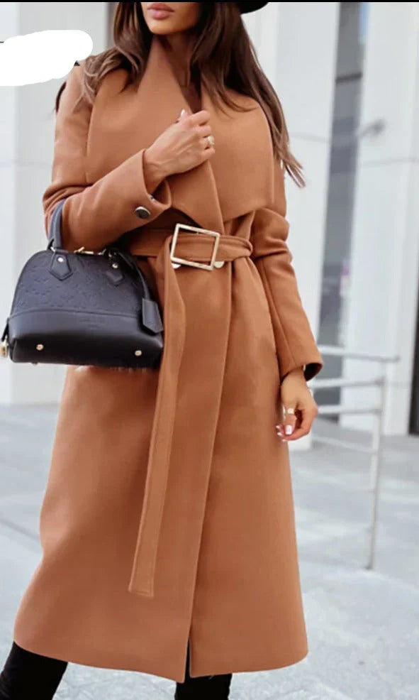 Manteau Femme Hiver Élégant à Ceinture avec Col Dégagé