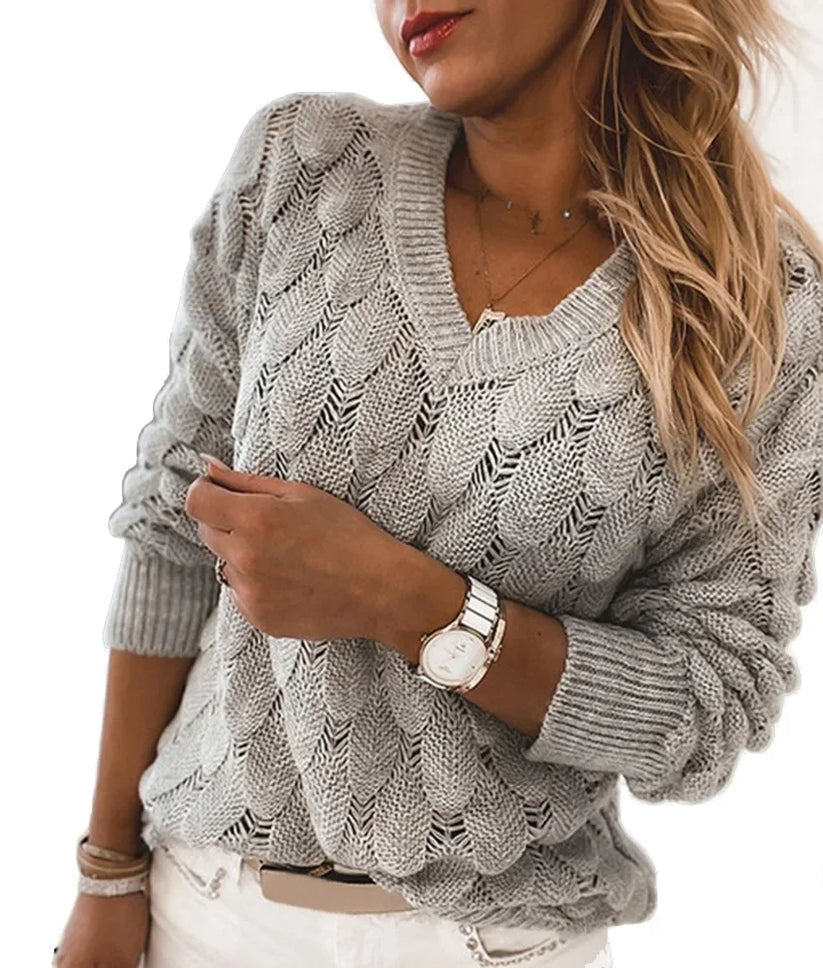 Ava - Pull douillet à manches longues et col en V, style décontracté