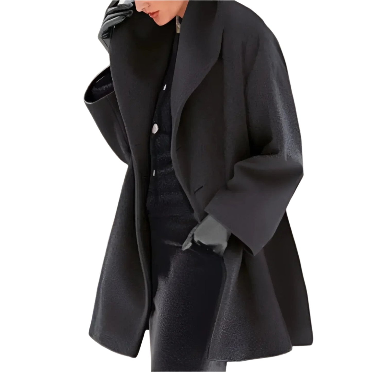 Manteau Femme Noir Chic à Col Dégagé - LuxeStyle