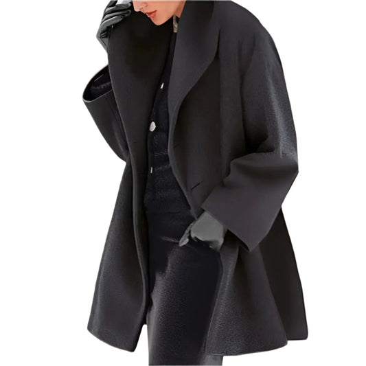 Manteau Femme Noir Chic à Col Dégagé - LuxeStyle