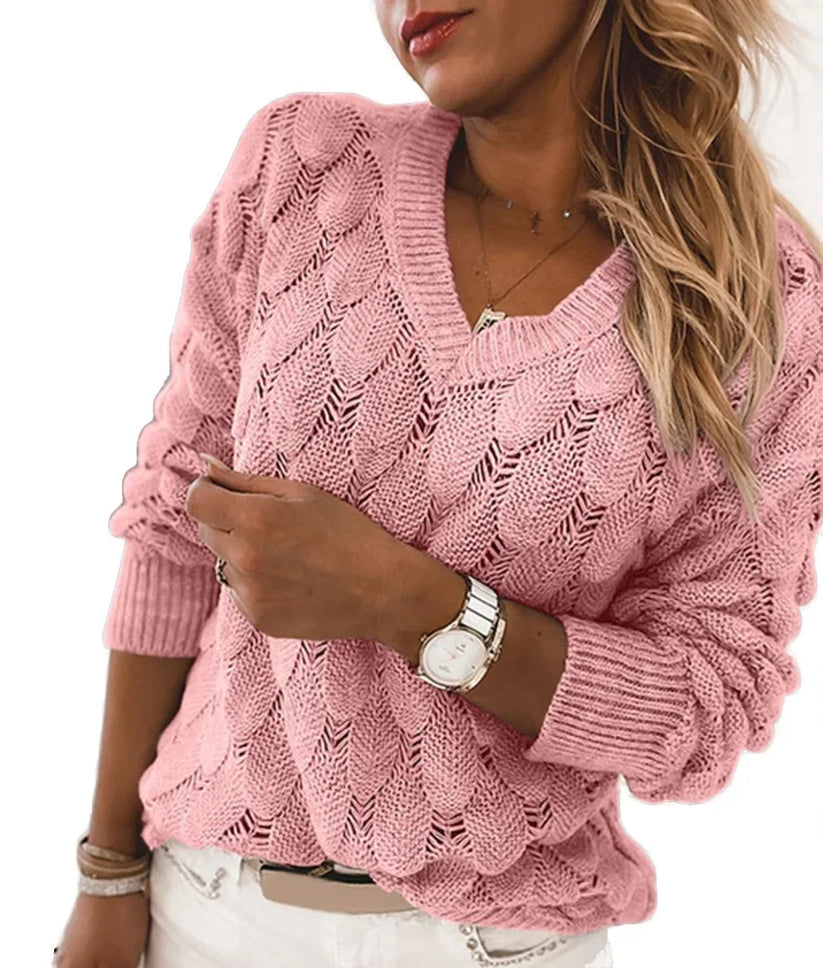 Ava - Pull douillet à manches longues et col en V, style décontracté