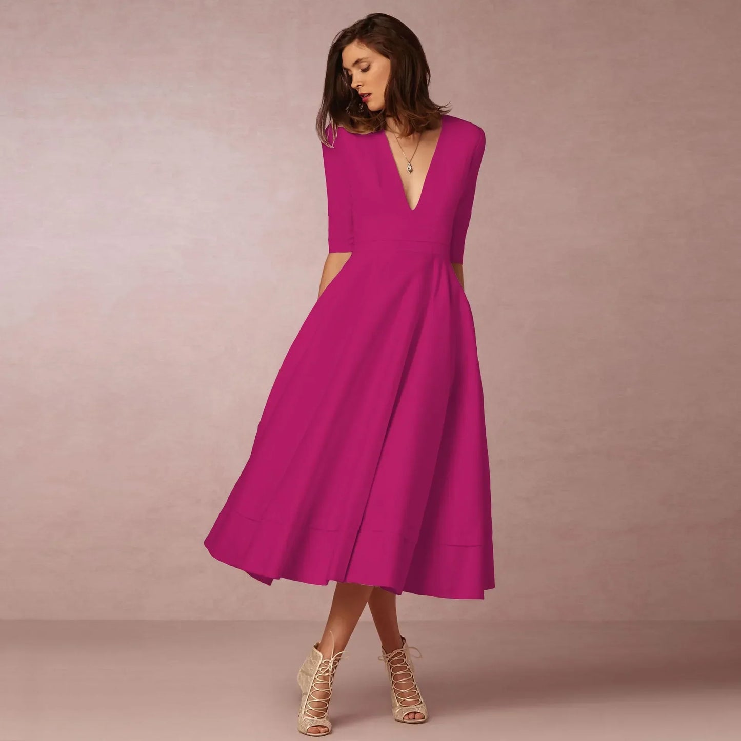 Robe Femme Élégante en Coton - Robe Midi Cintrée Chic