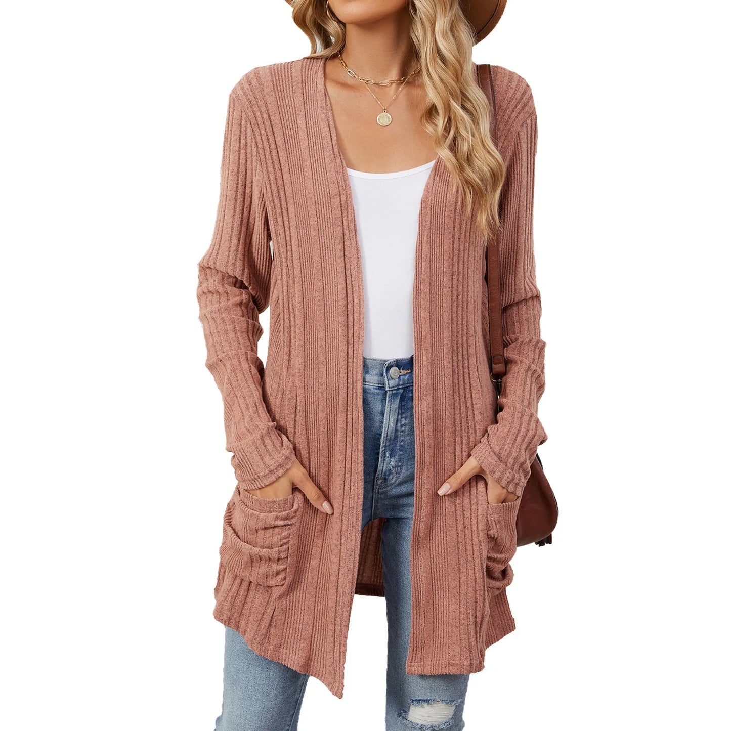 Cardigan Féminin Longue Ligne avec Poches et Coupe Détendue
