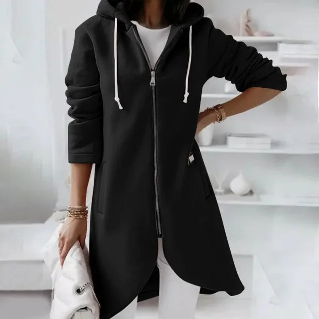 Veste Féminine Zippée Capuche Longue Décontractée