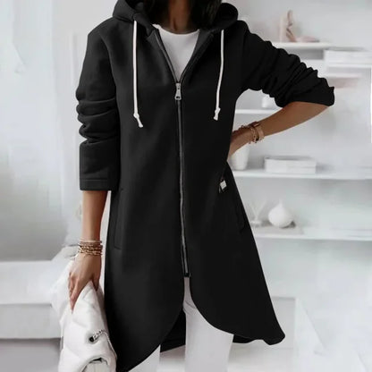 Veste Féminine Zippée Capuche Longue Décontractée