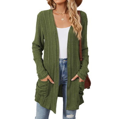 Cardigan Féminin Longue Ligne avec Poches et Coupe Détendue