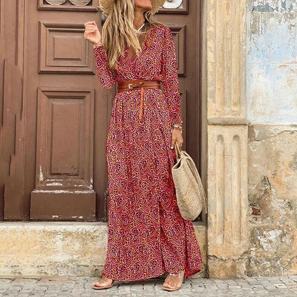 Robe longue fleurie décontractée pour femme avec ceinture