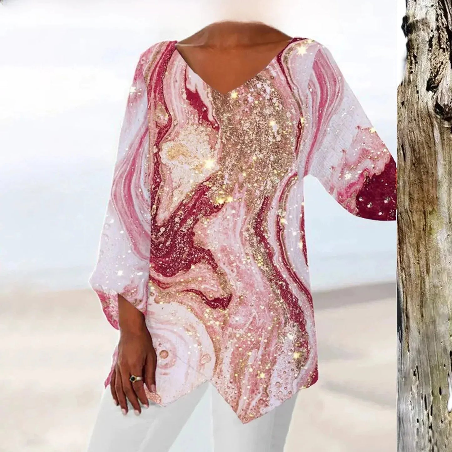 Blouse Féminine Séquins Manches Longues Col en V