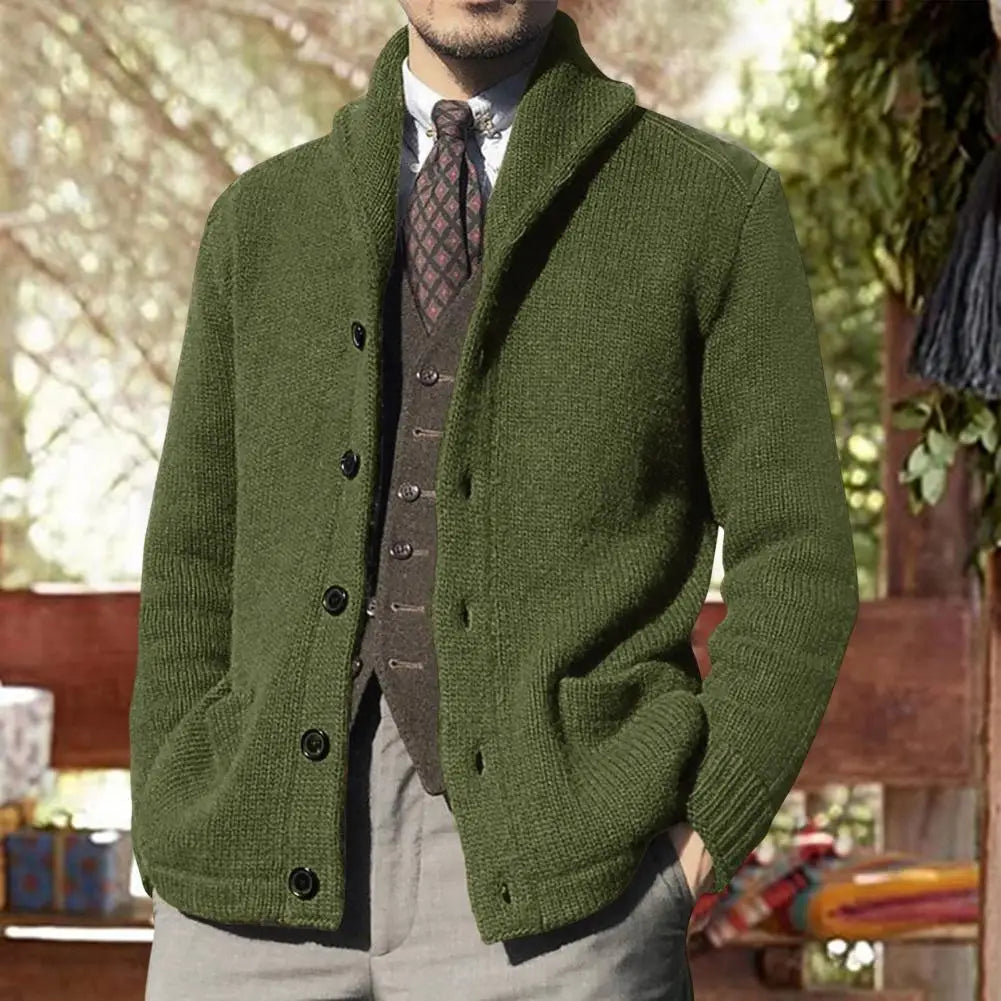 Cardigan Boutonné D'hiver Uni Pour Homme Avec Poche | Manches Longues