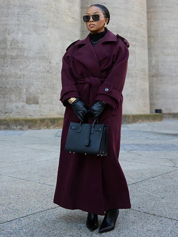 Manteau Femme Élégant à Col Revers avec Ceinture et Double Fermeture