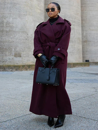Manteau Femme Élégant à Col Revers avec Ceinture et Double Fermeture