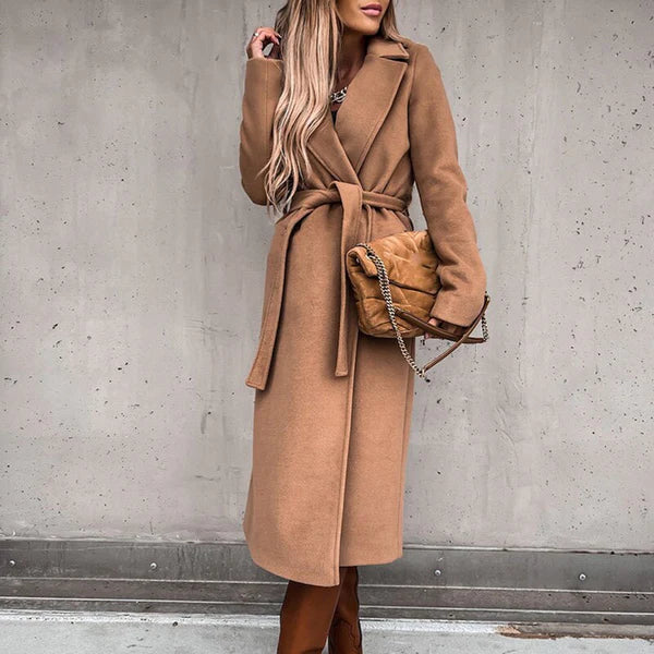 Manteau Femme Hiver Élégant à Ceinture avec Col Dégagé