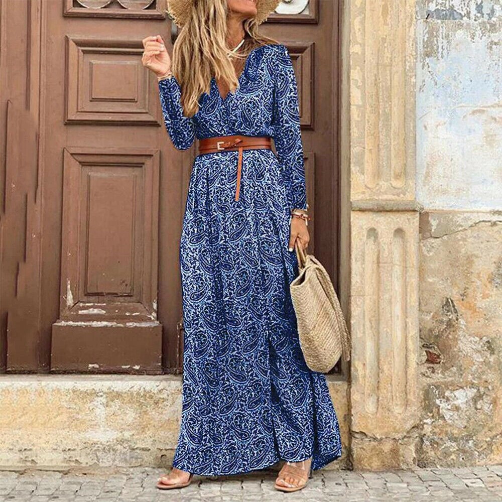 Robe longue fleurie décontractée pour femme avec ceinture