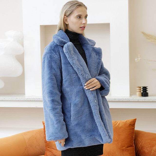 Manteau Mi-Long Femme au Style Hivernal avec Col en Fourrure Synthétique