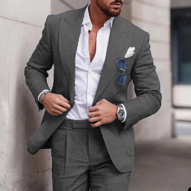 Costume Homme Élégant Lin Beige avec Chemise Blanche Classique