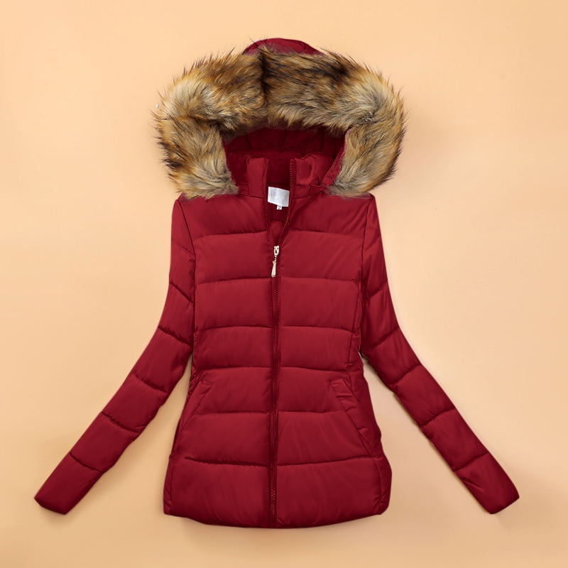 Veste Hivernale Douillette à Capuche pour Femme avec Col en Fausse Fourrure