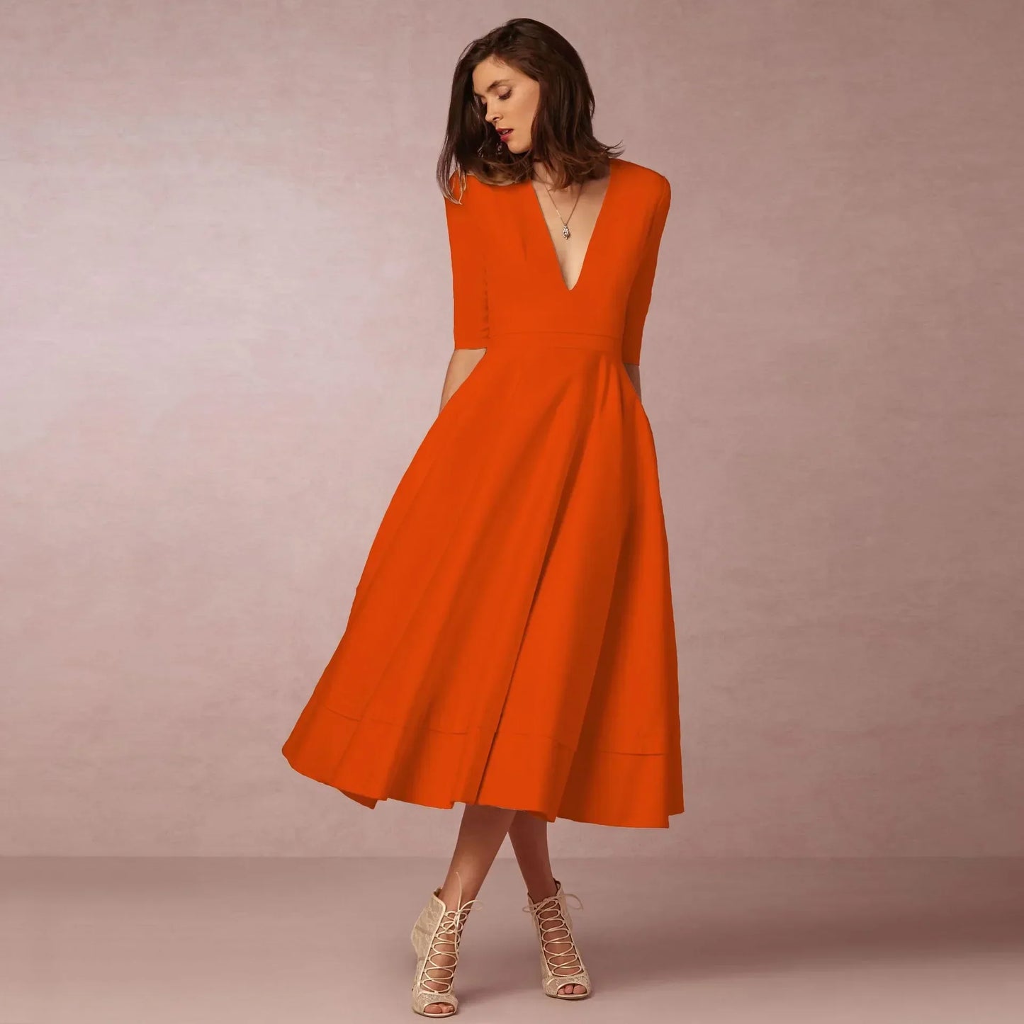 Robe Femme Élégante en Coton - Robe Midi Cintrée Chic