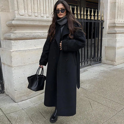 Manteau Femme Élégant Long à Ceinture pour Automne Hiver