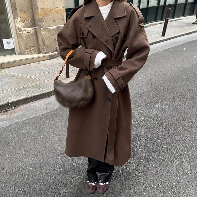 Manteau Femme Élégant Long à Ceinture pour Automne Hiver
