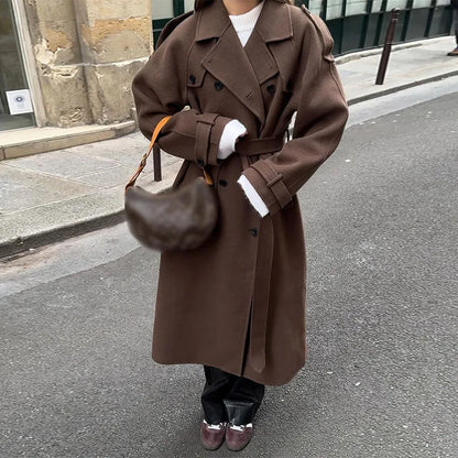 Manteau Femme Élégant Long à Ceinture pour Automne Hiver