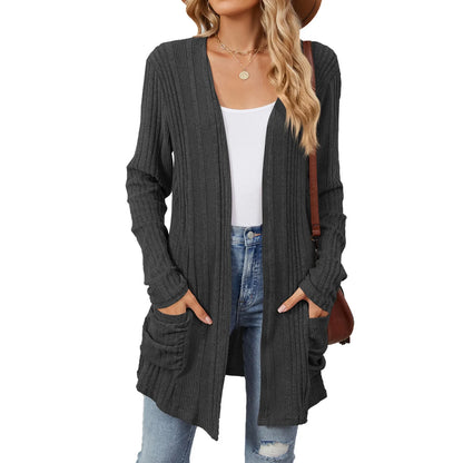 Cardigan Féminin Longue Ligne avec Poches et Coupe Détendue