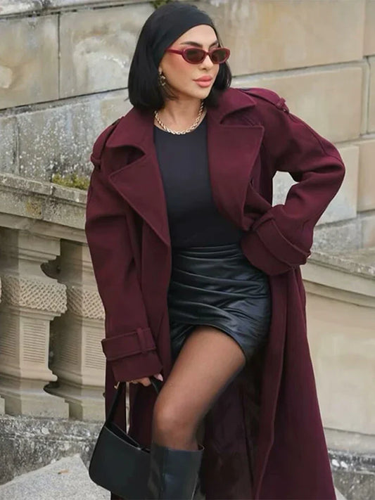 Manteau Femme Élégant à Col Revers avec Ceinture et Double Fermeture - LuxeStyle