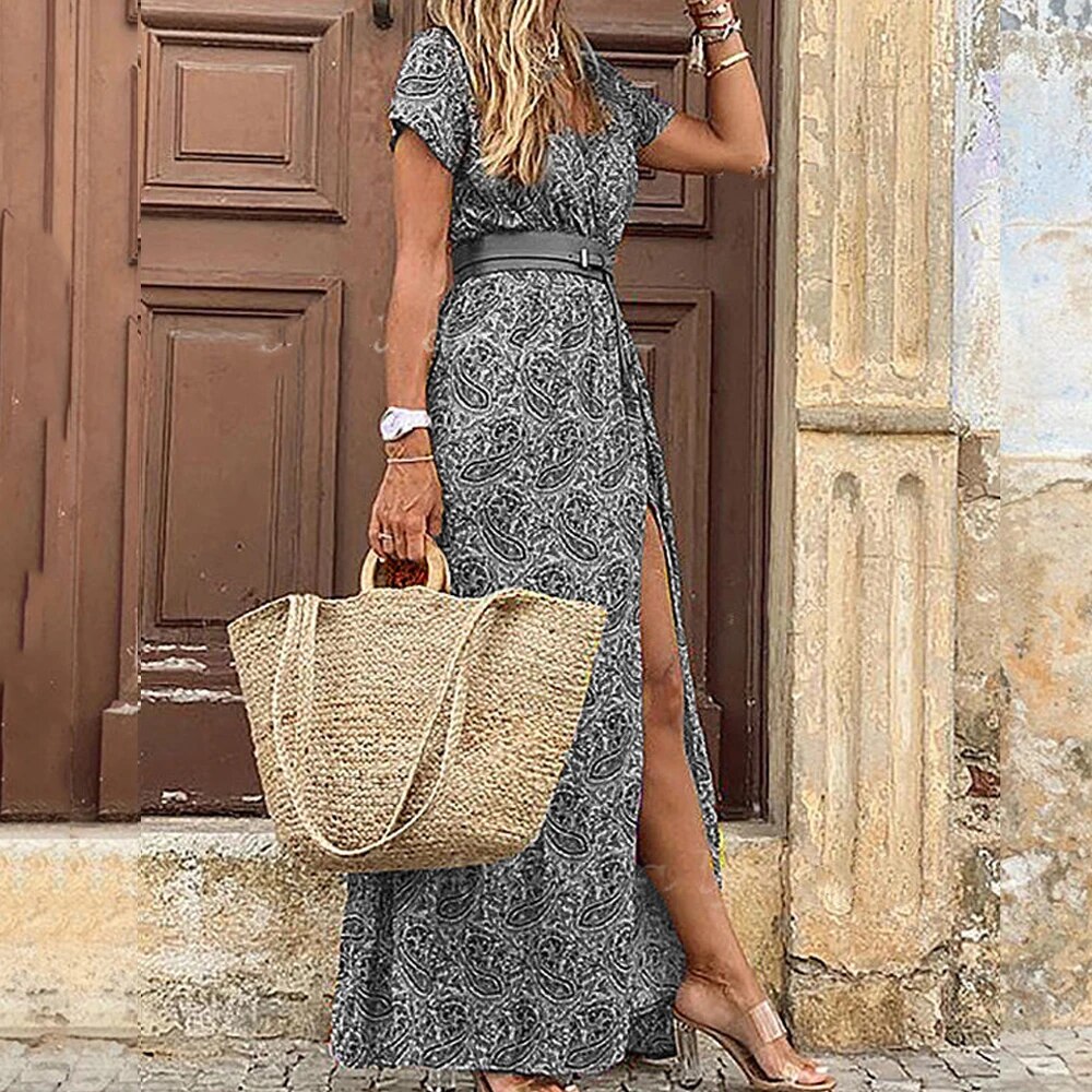 Robe longue fleurie décontractée pour femme avec ceinture