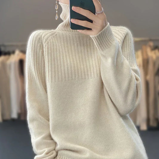 Pull Femme Col Roulé Douillet avec Détails Texturés & Coupe Détendue - LuxeStyle