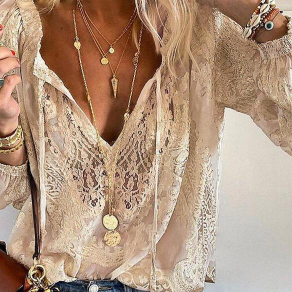 Blouse Féminine en Dentelle - Blouse Chic avec Nœud Délicat