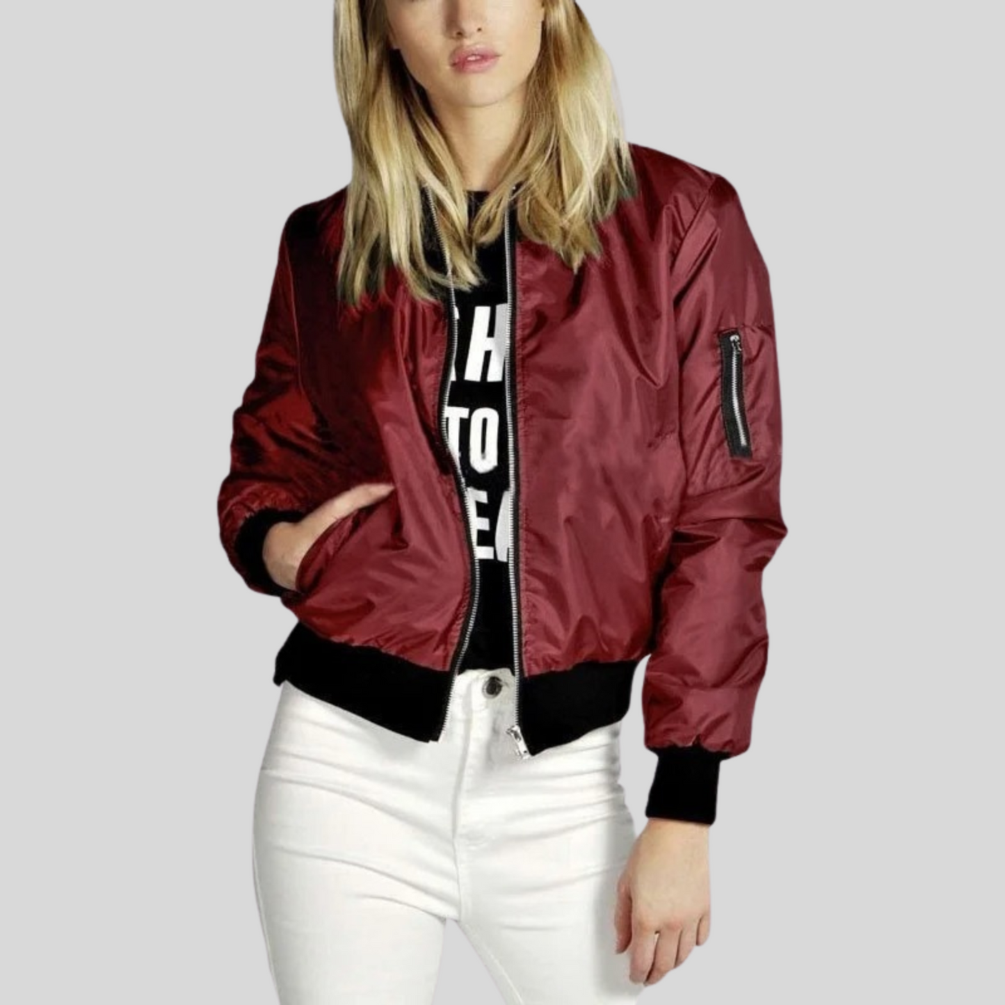 Veste Bomber Féminine Légère avec Manches Longues et Poches
