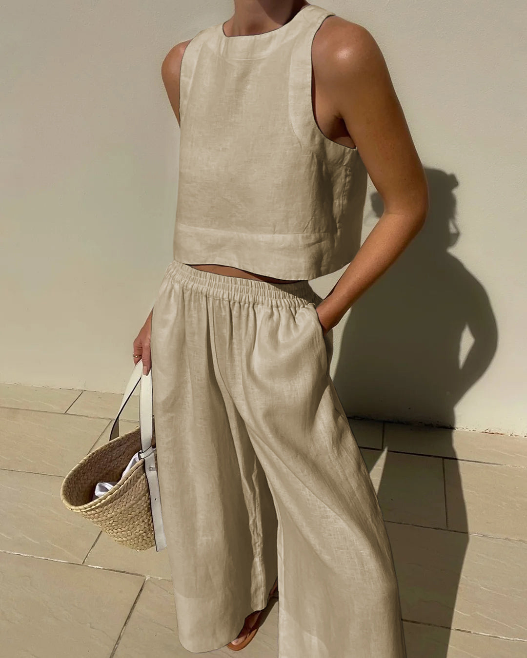 Robe Femme Lin Clair Été sans Manches avec Pantalon Comfy - LuxeStyle