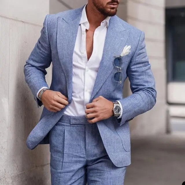 Costume Homme Élégant Lin Beige avec Chemise Blanche Classique
