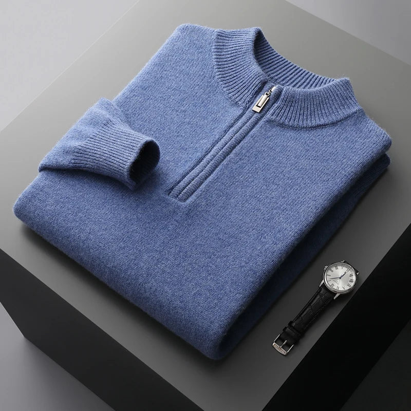 Pull Homme Laine Gris Zippé Hiver