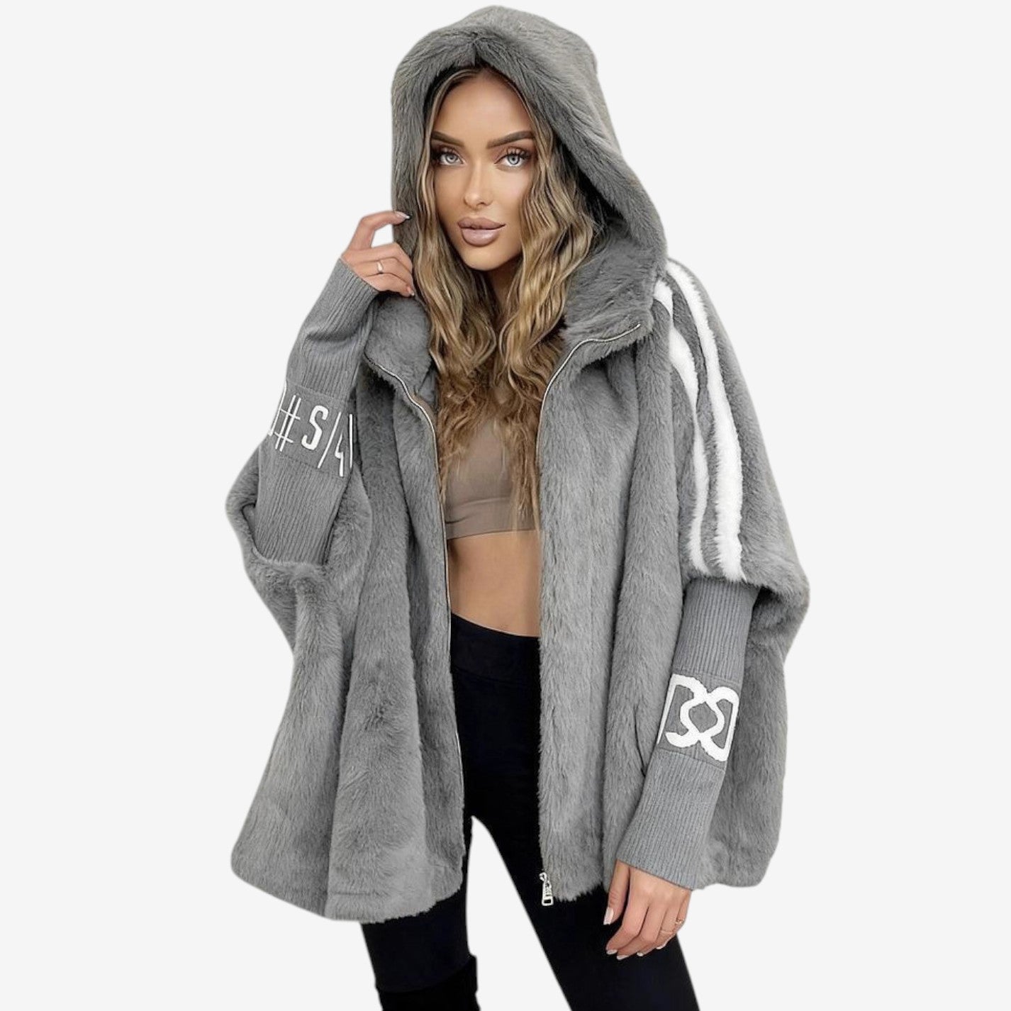 Veste en fausse fourrure douce à capuche et manches longues