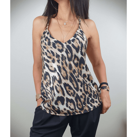 Débardeur Femme Élégant – Imprimé Animal, Col V & Bretelles Adjustables - LuxeStyle