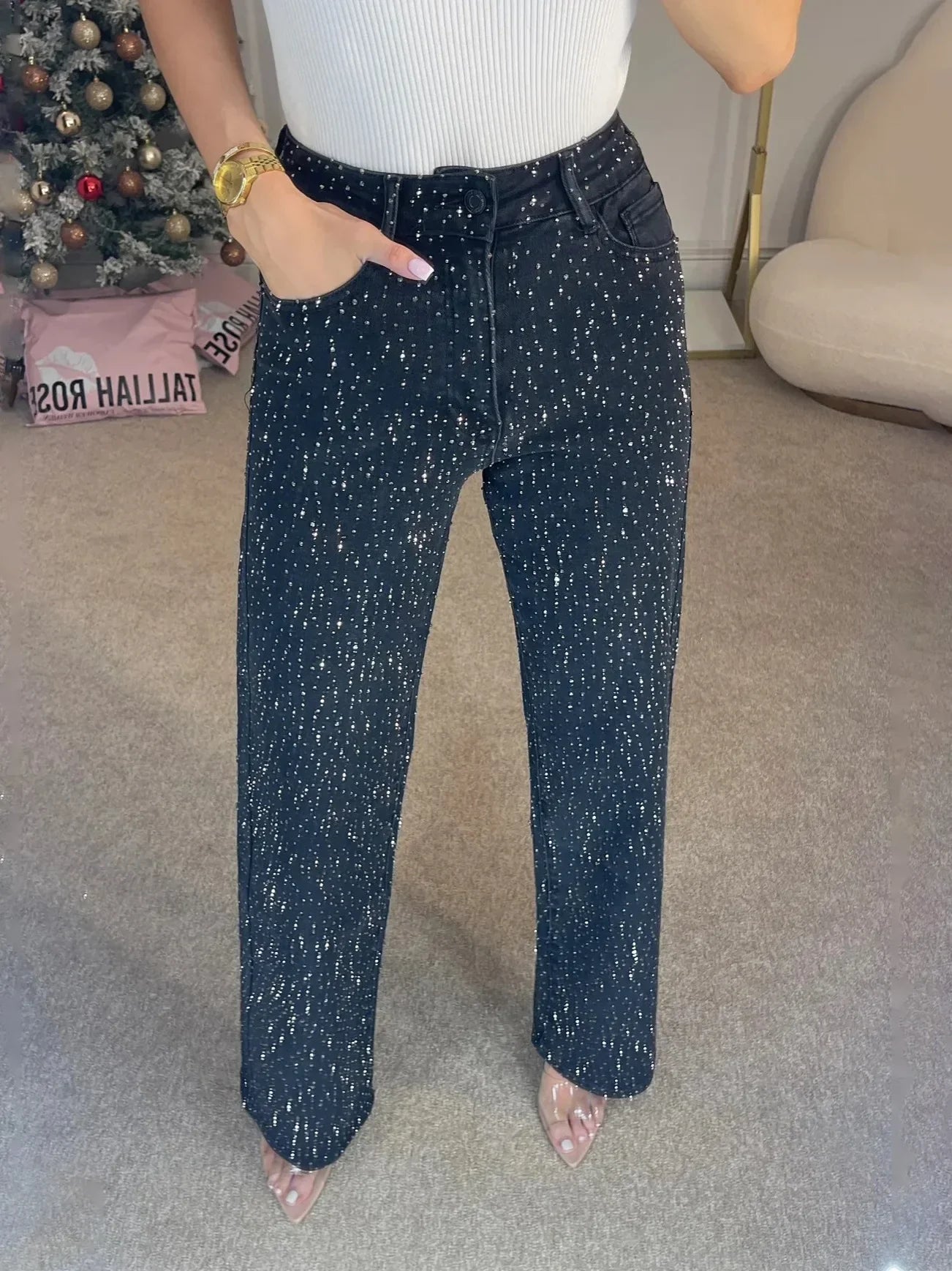 Jean Femme Élégant à Taille Élevée avec Paillettes