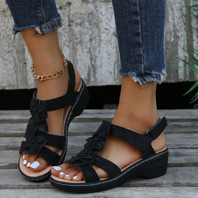 Sandales Femmes Cuir Floral à Talon Plateforme