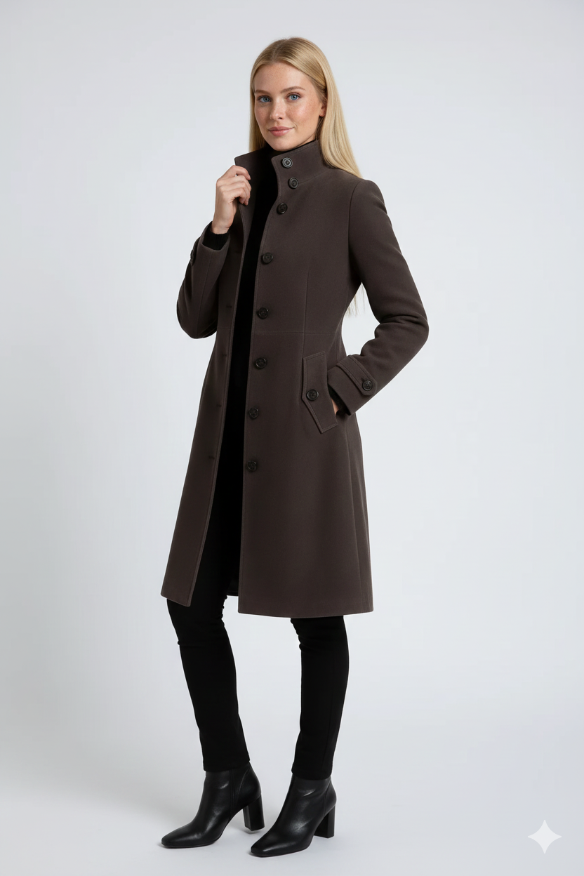 Manteau Femme Hiver Élégant – Col Montant & Taille Cintrée Chic