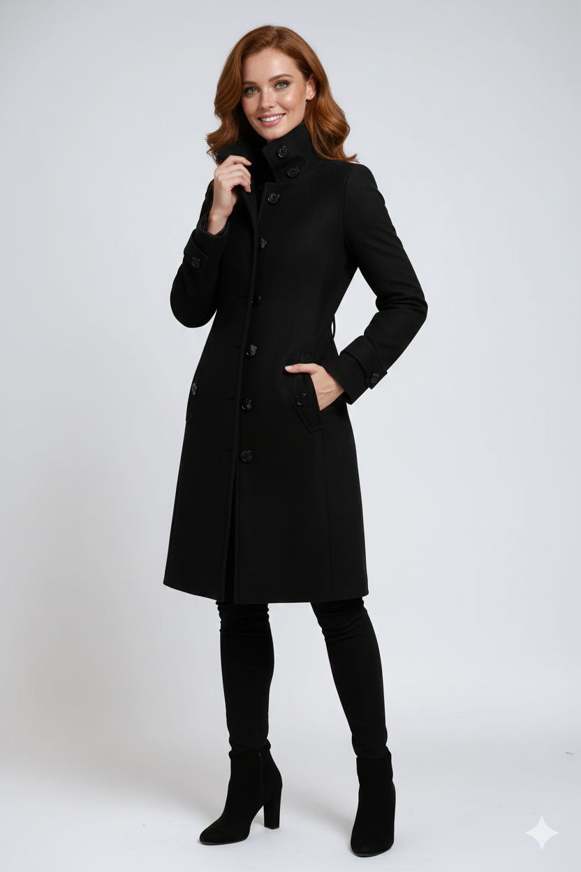 Manteau Femme Hiver Élégant – Col Montant & Taille Cintrée Chic
