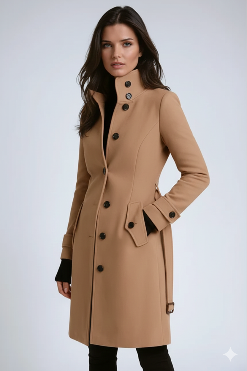 Manteau Femme Hiver Élégant – Col Montant & Taille Cintrée Chic