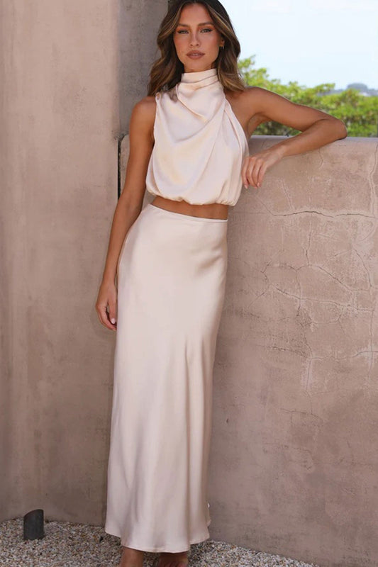 Robe de soirée en satin femme élégante sans manches beige - LuxeStyle