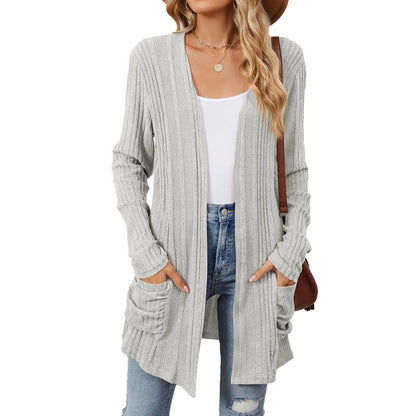 Cardigan Féminin Longue Ligne avec Poches et Coupe Détendue