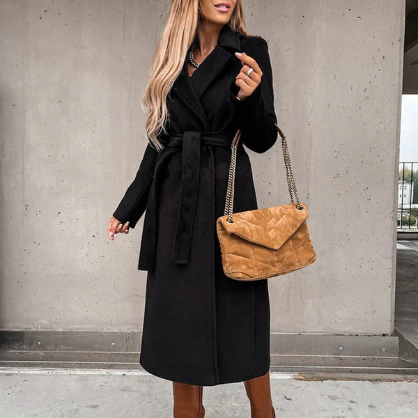 Manteau Femme Hiver Élégant à Ceinture avec Col Dégagé