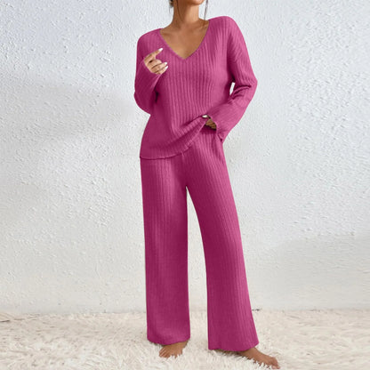 Pyjama Femme Douillet en Maille – Ensemble Confortable Col V