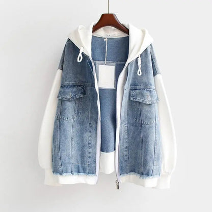 Veste Denim Oversize avec Capuche et Fermeture Éclair