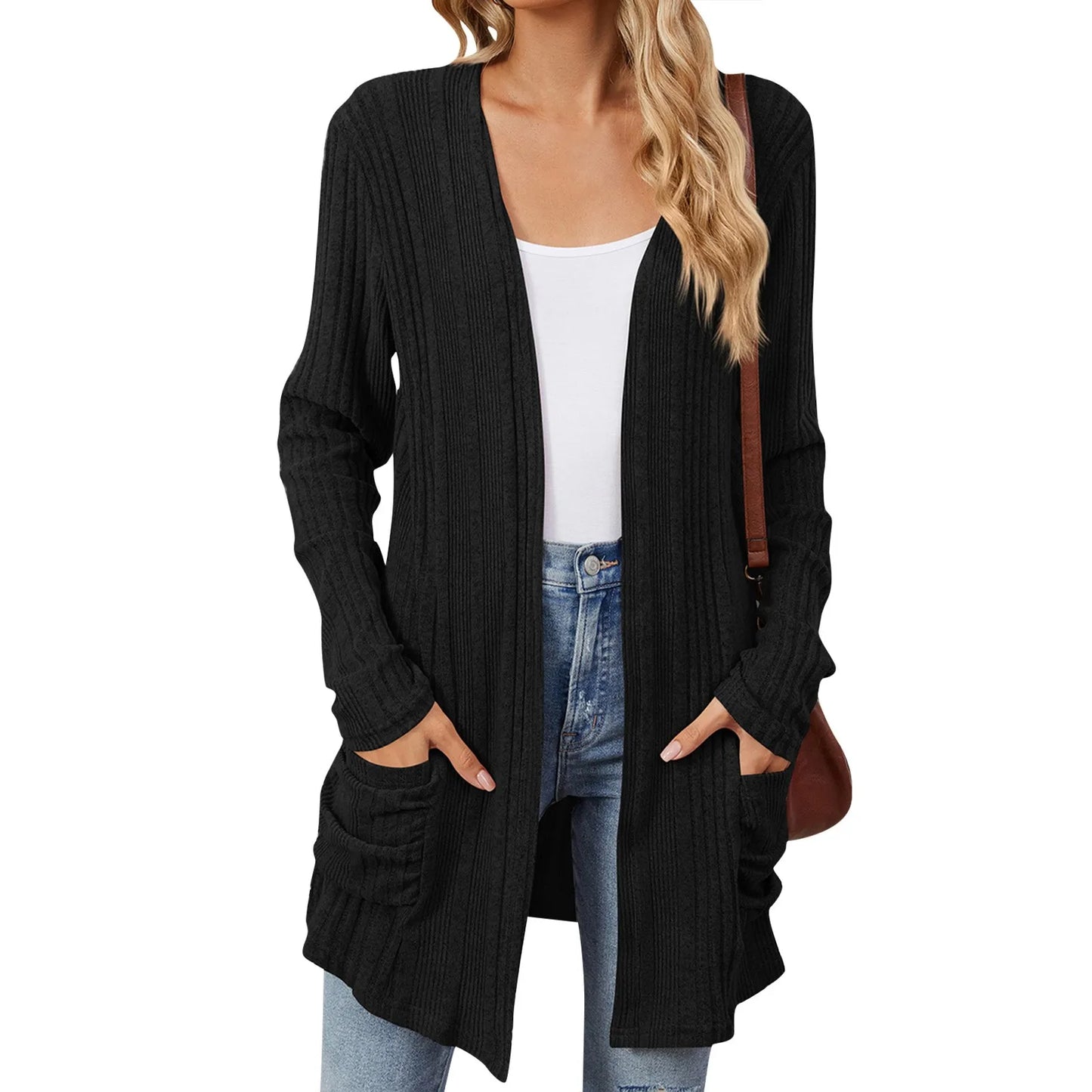 Cardigan Féminin Longue Ligne avec Poches et Coupe Détendue